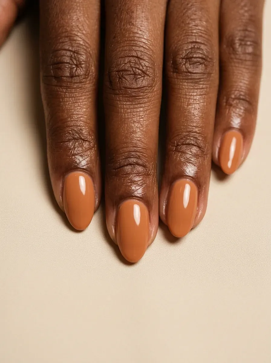 Creamy pumpkin nude nails with warm glossy finish on deep chestnut skin