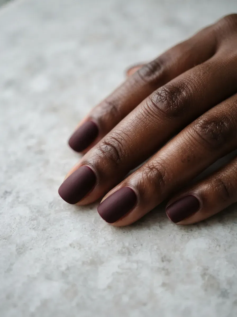 Deep burgundy gel nail polish with matte dark academia finish