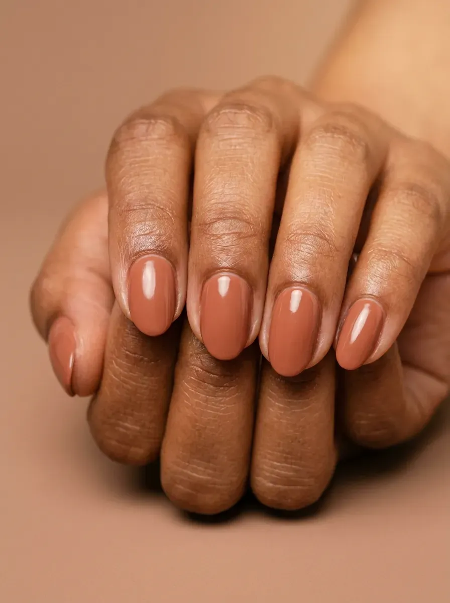 Dark cherry red nails with glossy finish on deep brown skin
