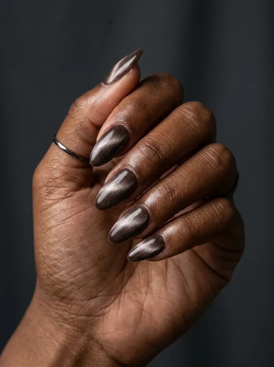 Dark mocha velvet nails with soft magnetic reflective finish