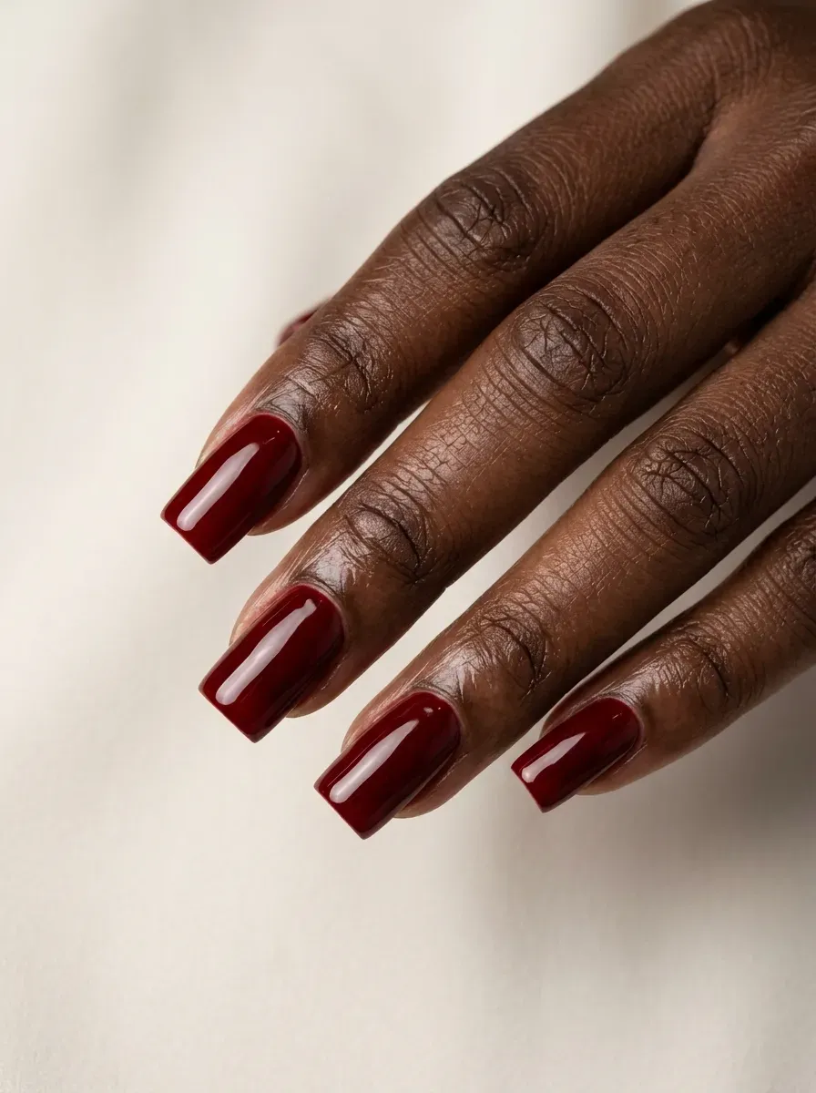 Deep chocolate brown gel nails with short rounded shape