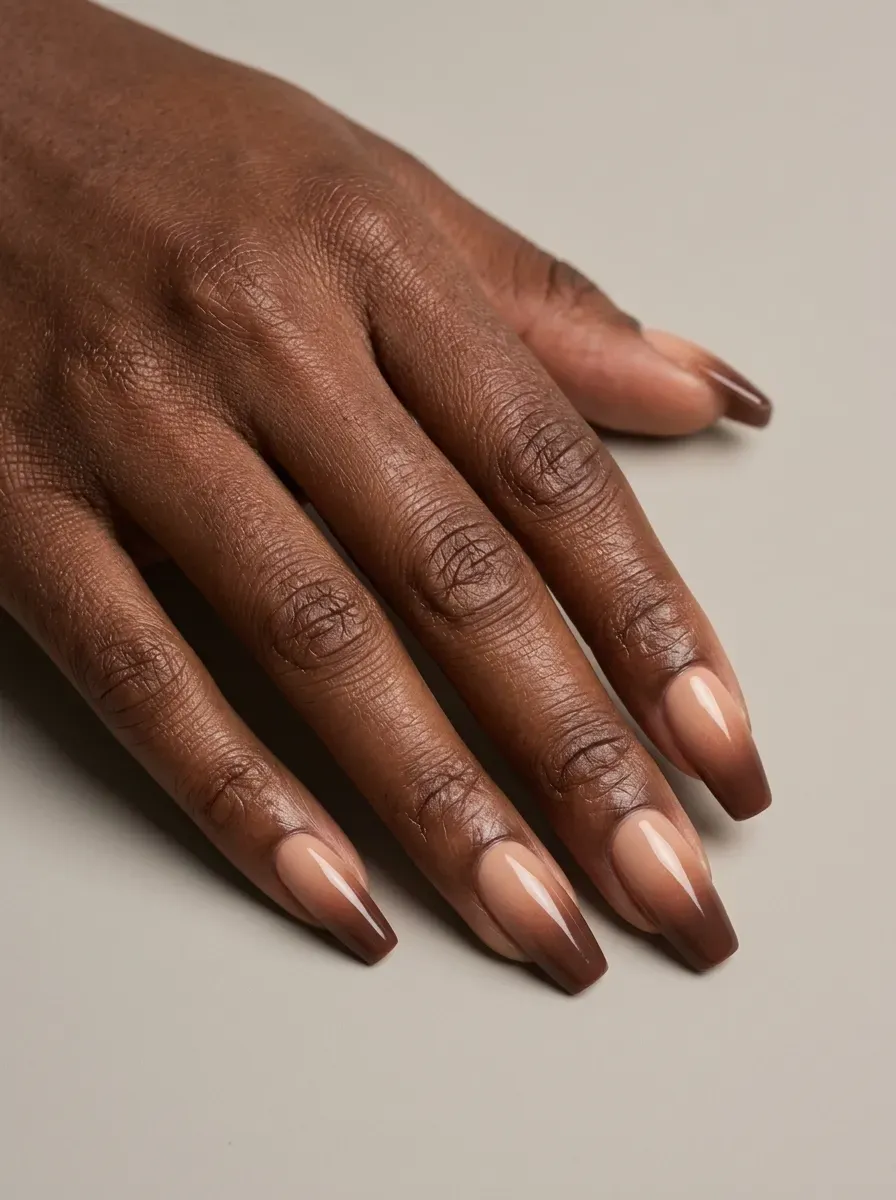 Deep cocoa ombre nails fading from warm nude to brown on deep skin