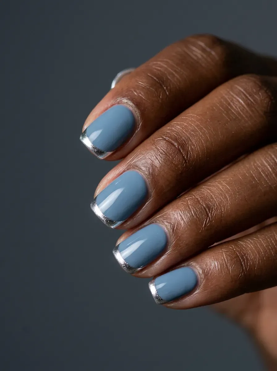 Short squoval gel nails with dusty blue bases and silver micro French tips