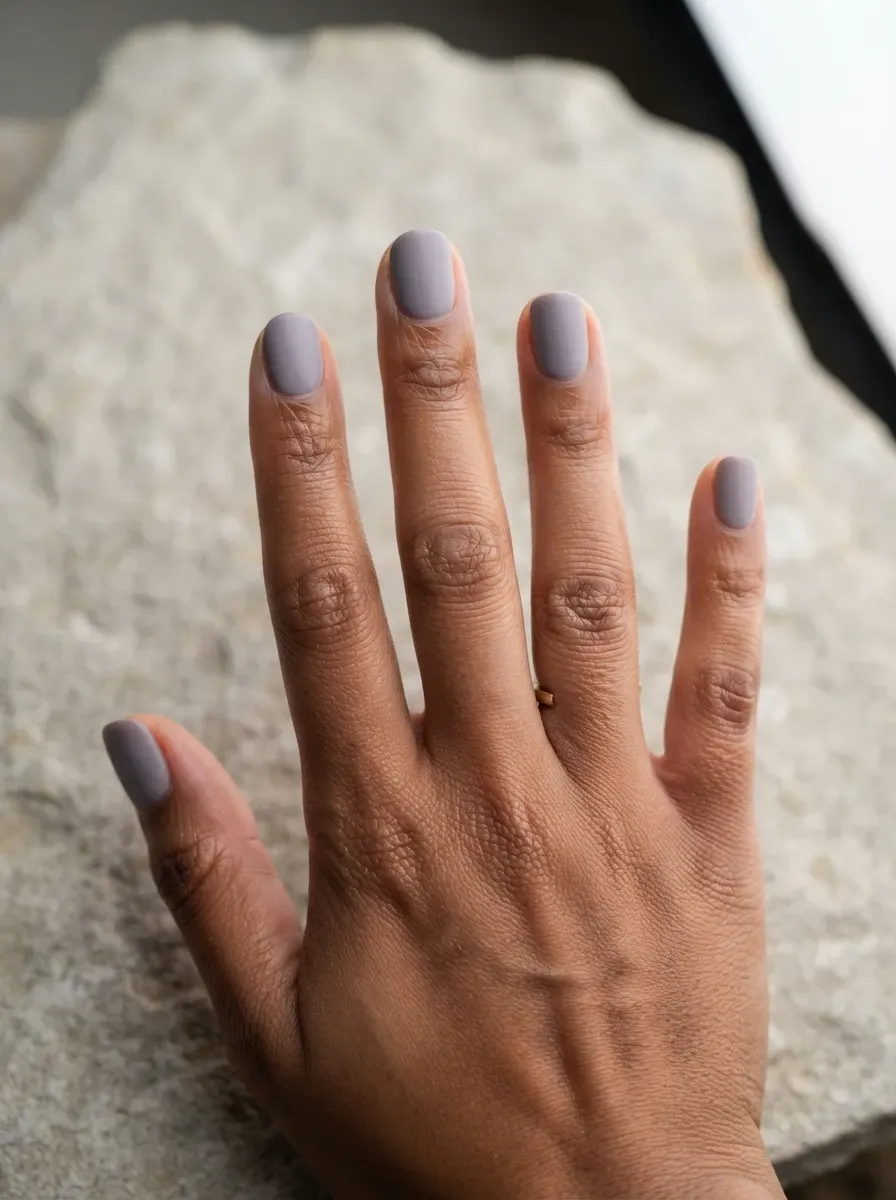 Grayed dusty lavender gel nail polish shown in close-up