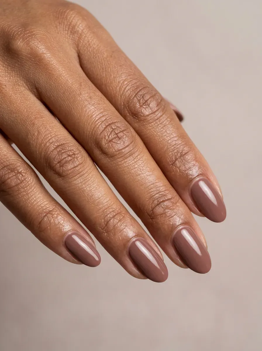 Dusty rose brown nails with glossy finish on brown skin and oval shape