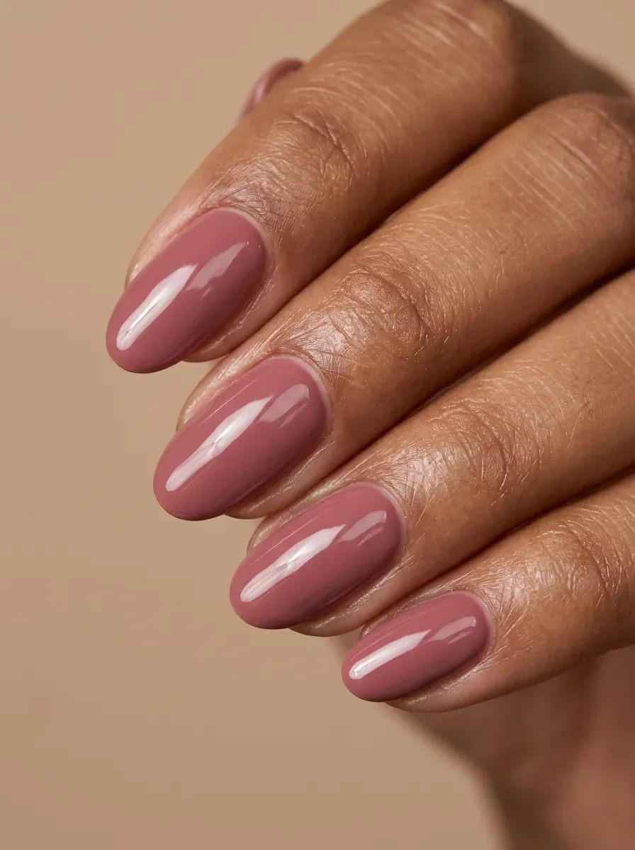Medium oval gel nails coated in dusty rose polish with glossy finish