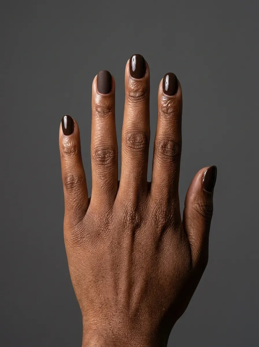 Short oval gel nails with glossy espresso polish and one matte accent nail