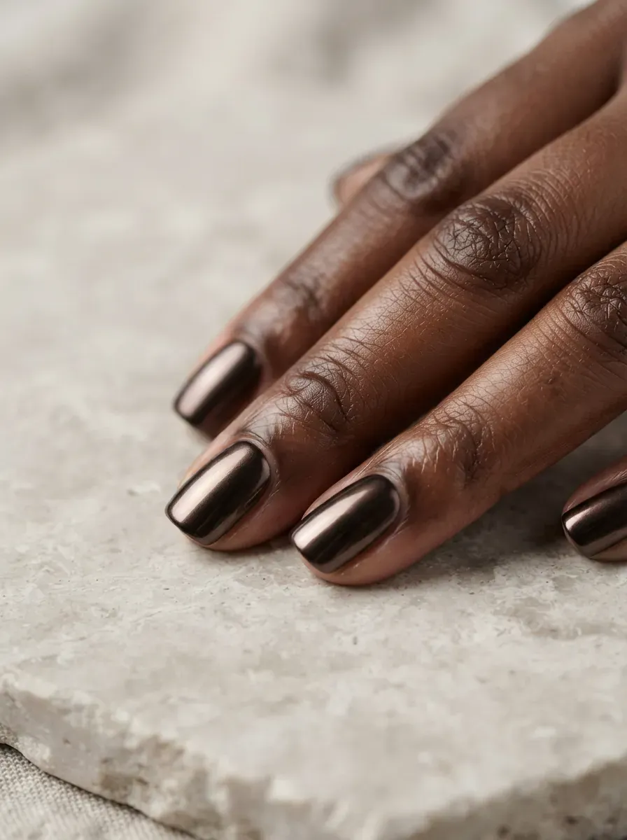 Deep espresso brown chrome finish gel nail polish