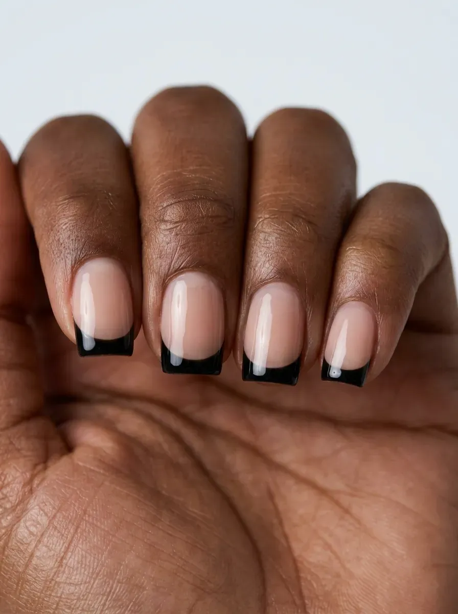 Short square gel nails with glossy black French tips and nude bases