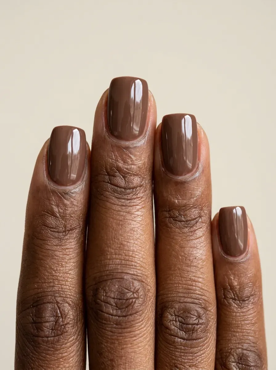 Short squoval gel nails coated in glossy medium mocha brown polish