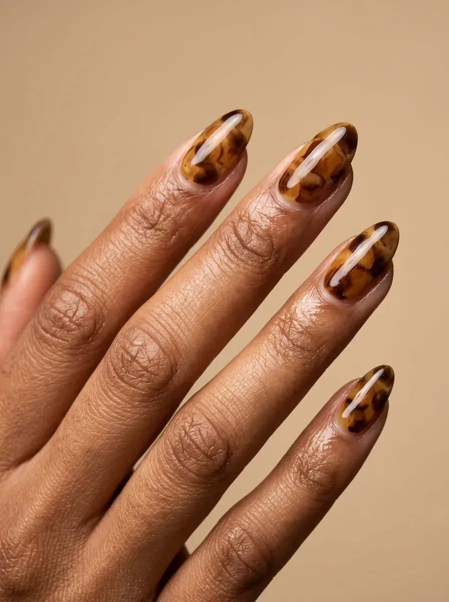 Golden brown tortoiseshell inspired nails with layered autumn color