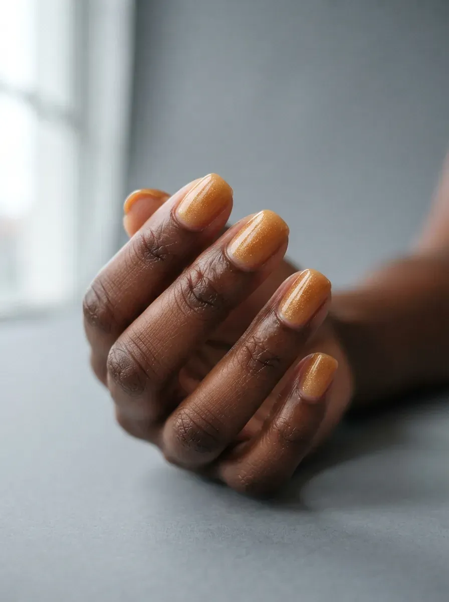 Warm golden shimmer gel nail polish catching light