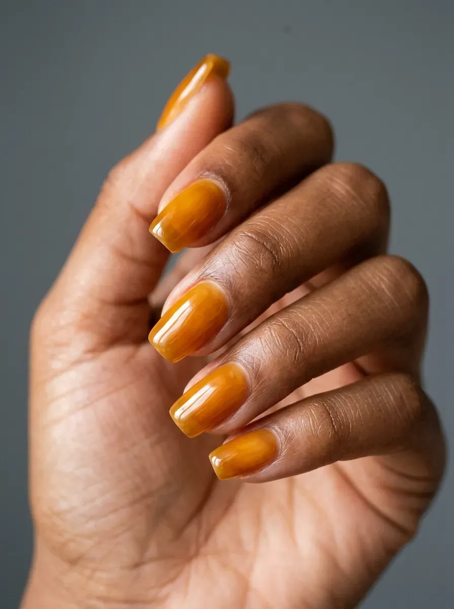 Golden honey amber toned gel nail polish in close-up