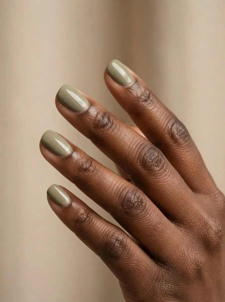 Muted khaki green-beige gel nail polish close-up