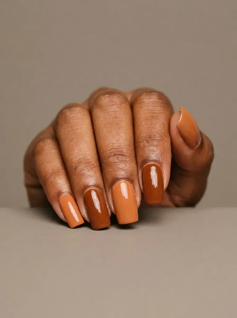 Maple brown and orange alternating nails with glossy finish