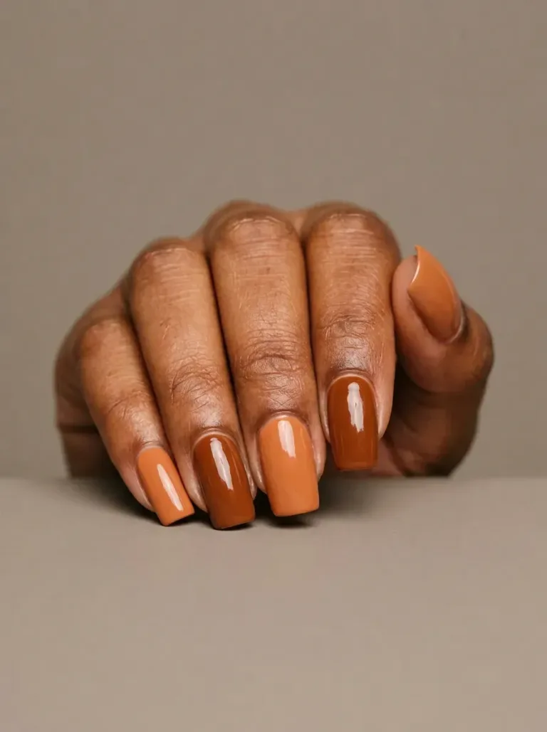Maple brown and orange alternating nails with glossy finish