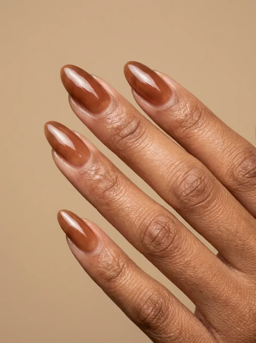 Maple brown glazed nails with warm reflective finish on brown skin