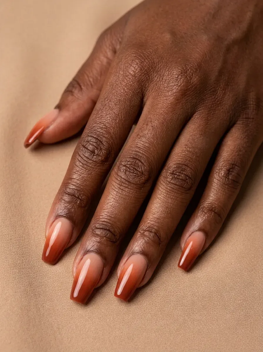 Matte chocolate brown nails with short rounded autumn manicure