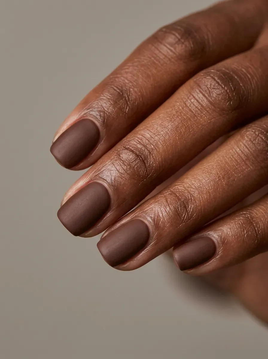 Matte chocolate brown nails with short squoval shape on deep chestnut skin
