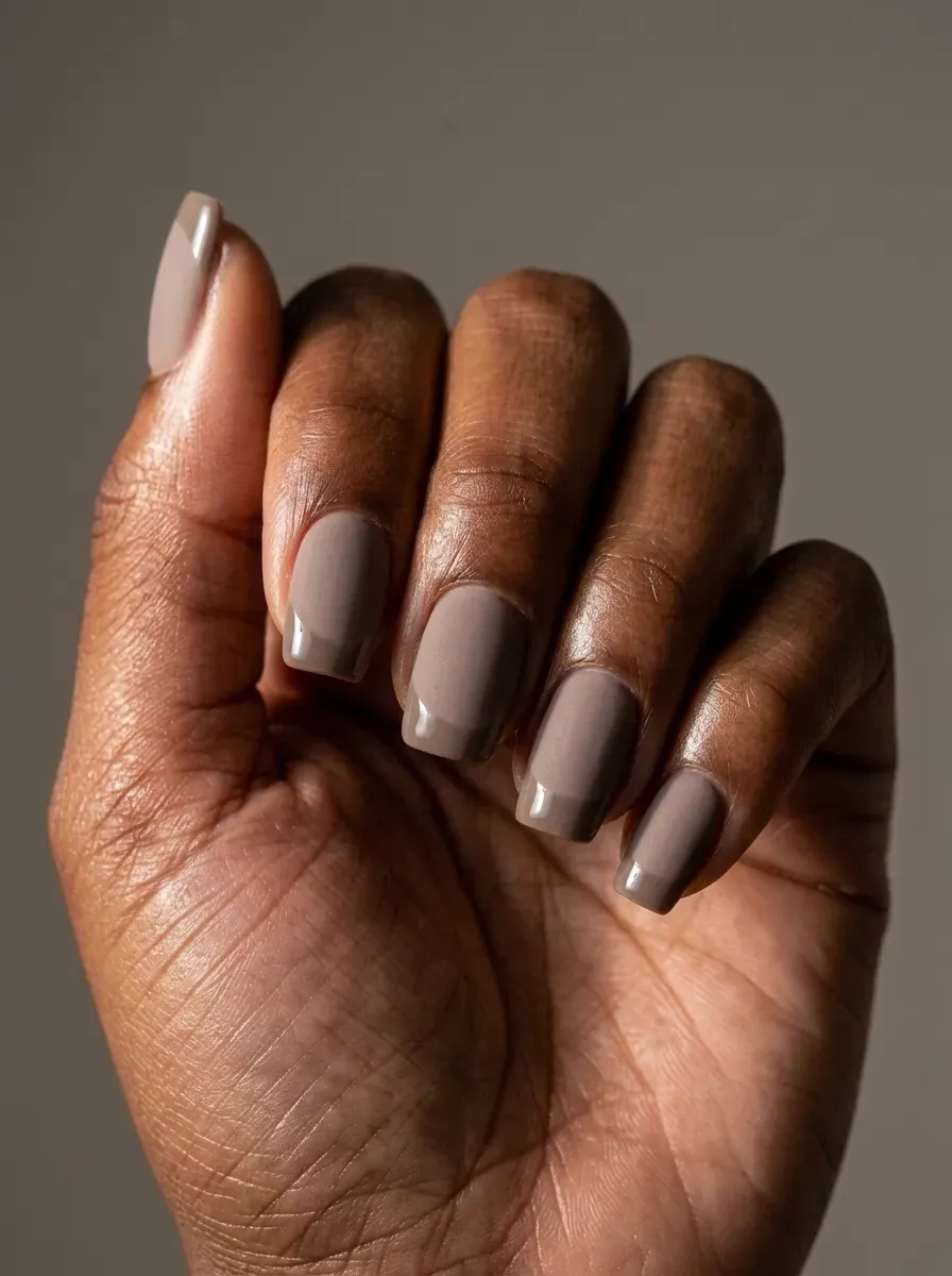 Short squoval gel nails with matte taupe bases and glossy matching tips