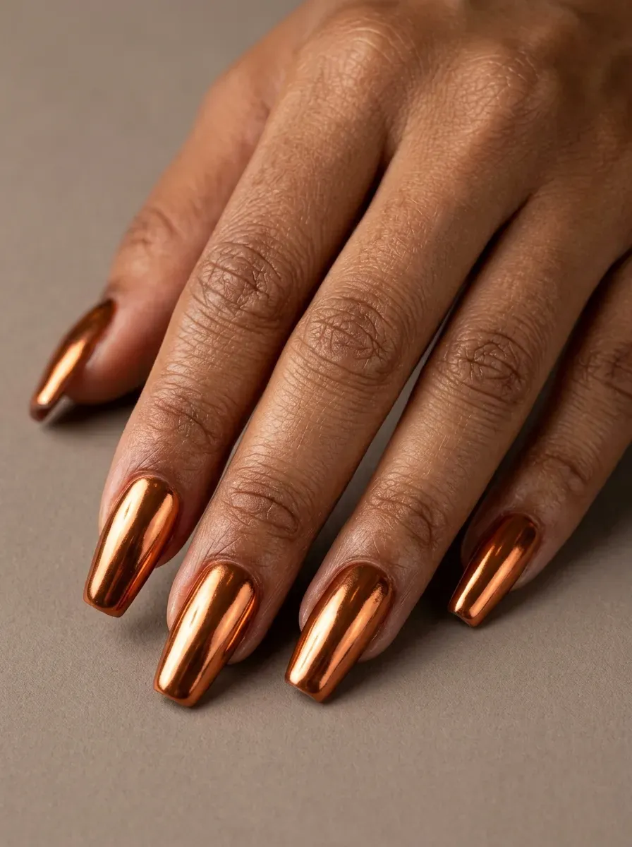 Metallic copper chrome nails reflecting warm October light