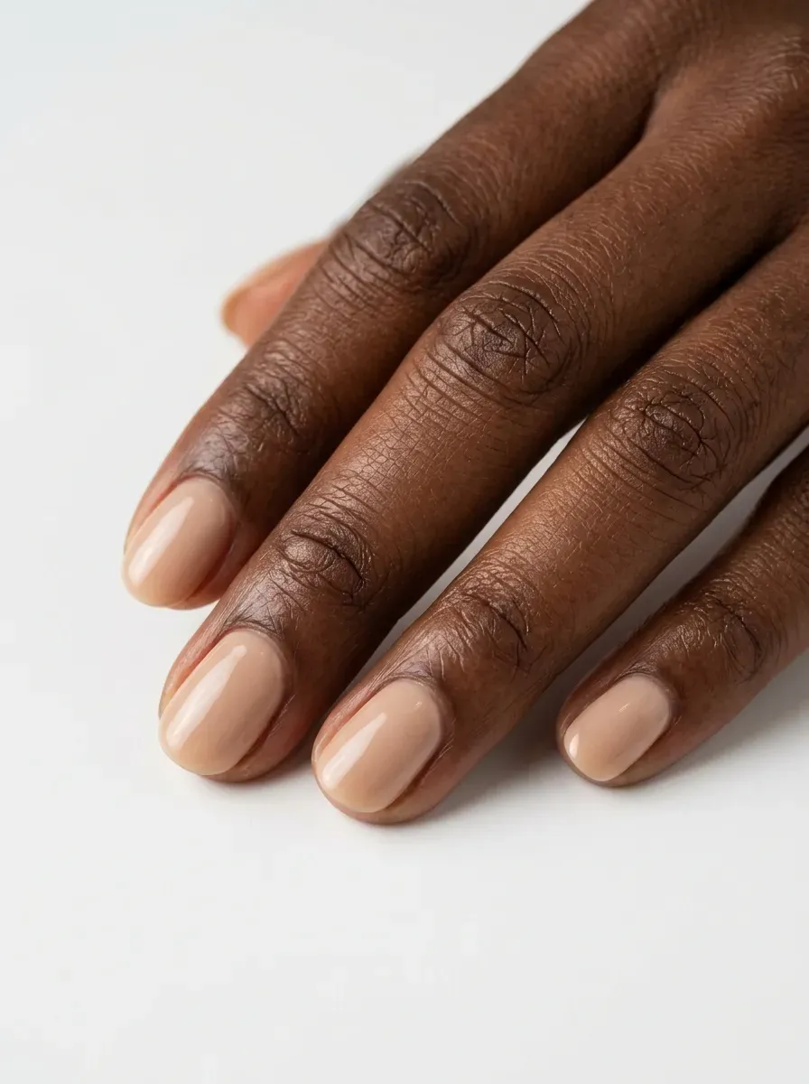 Soft milky beige latte-colored gel nails in close-up