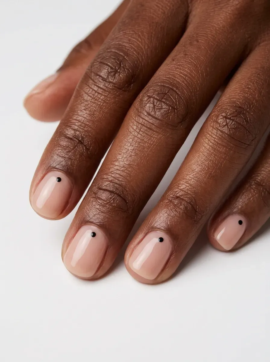Short nude gel nails decorated with tiny black dots near cuticles