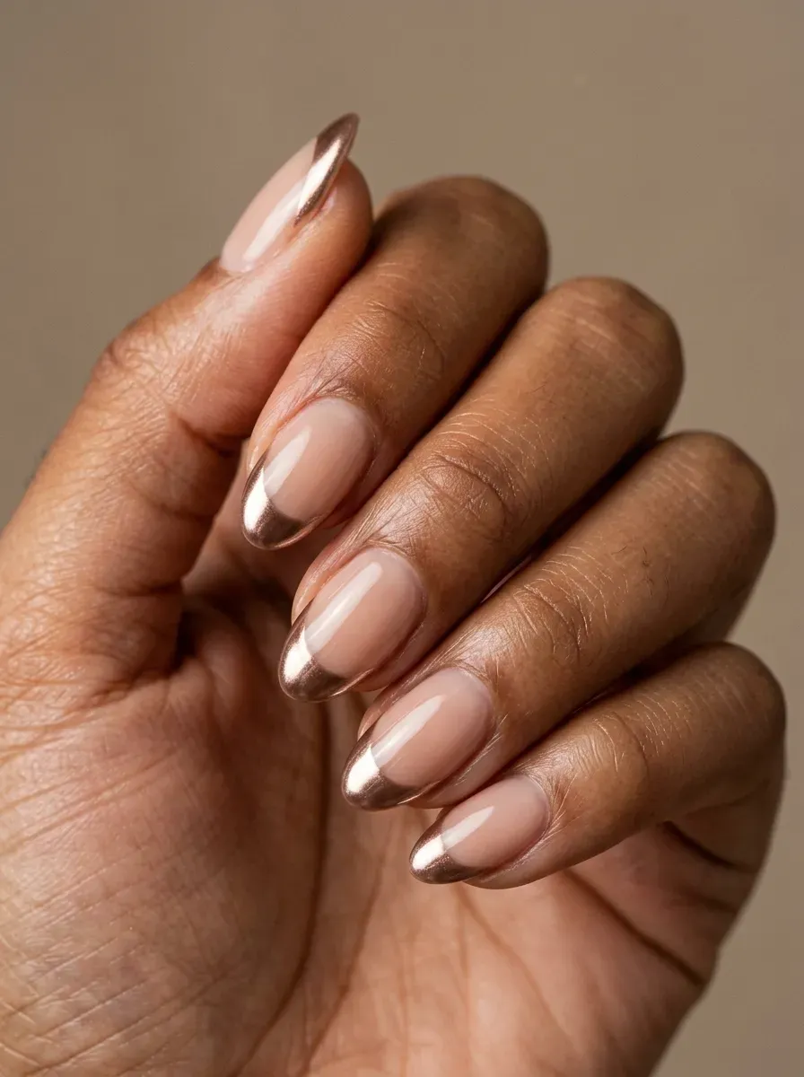 Mocha chrome French tips over sheer nude nails on warm brown skin