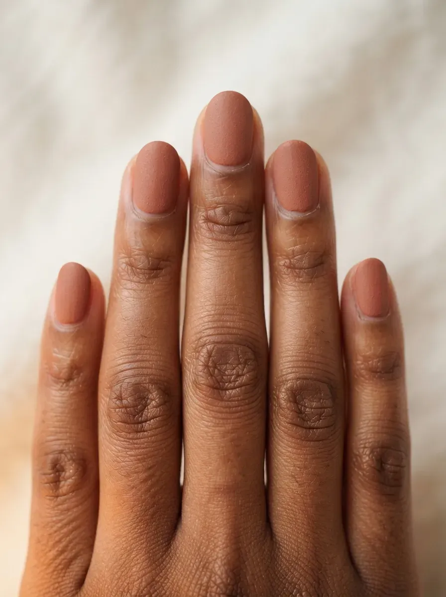 Muted terracotta clay colored gel nail polish close-up