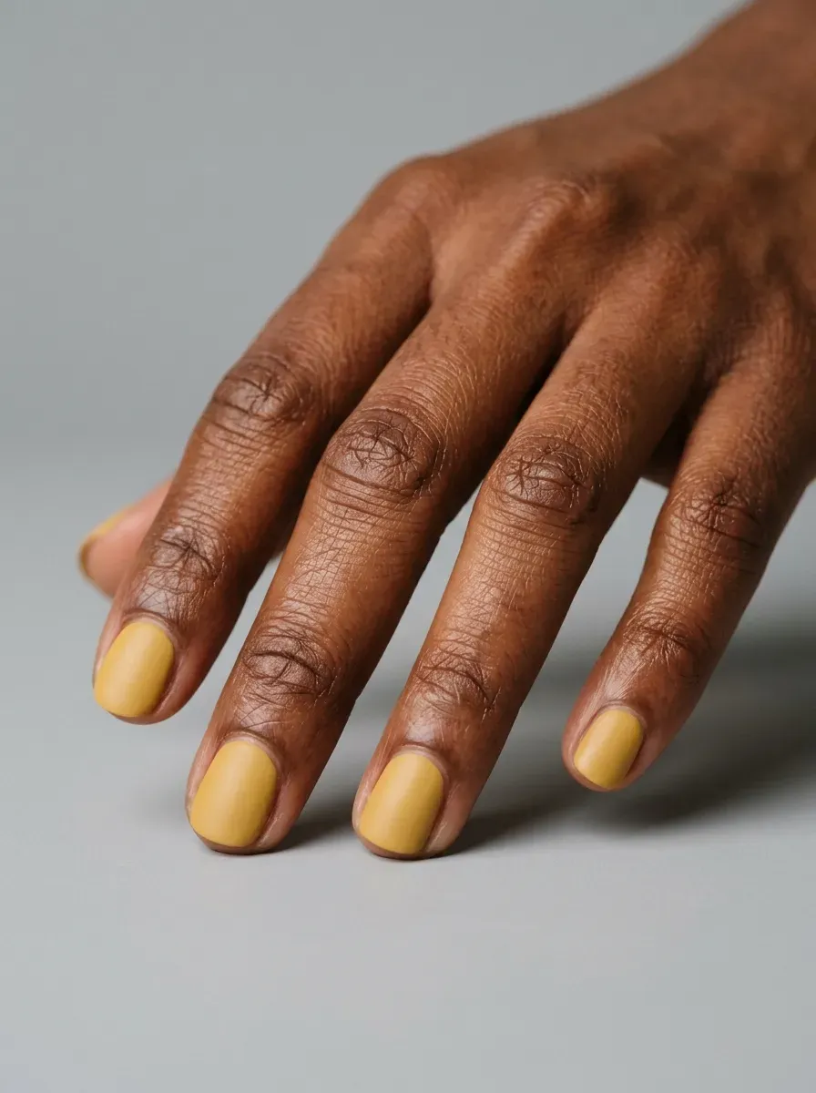 Muted mustard yellow nails with soft autumn inspired polish