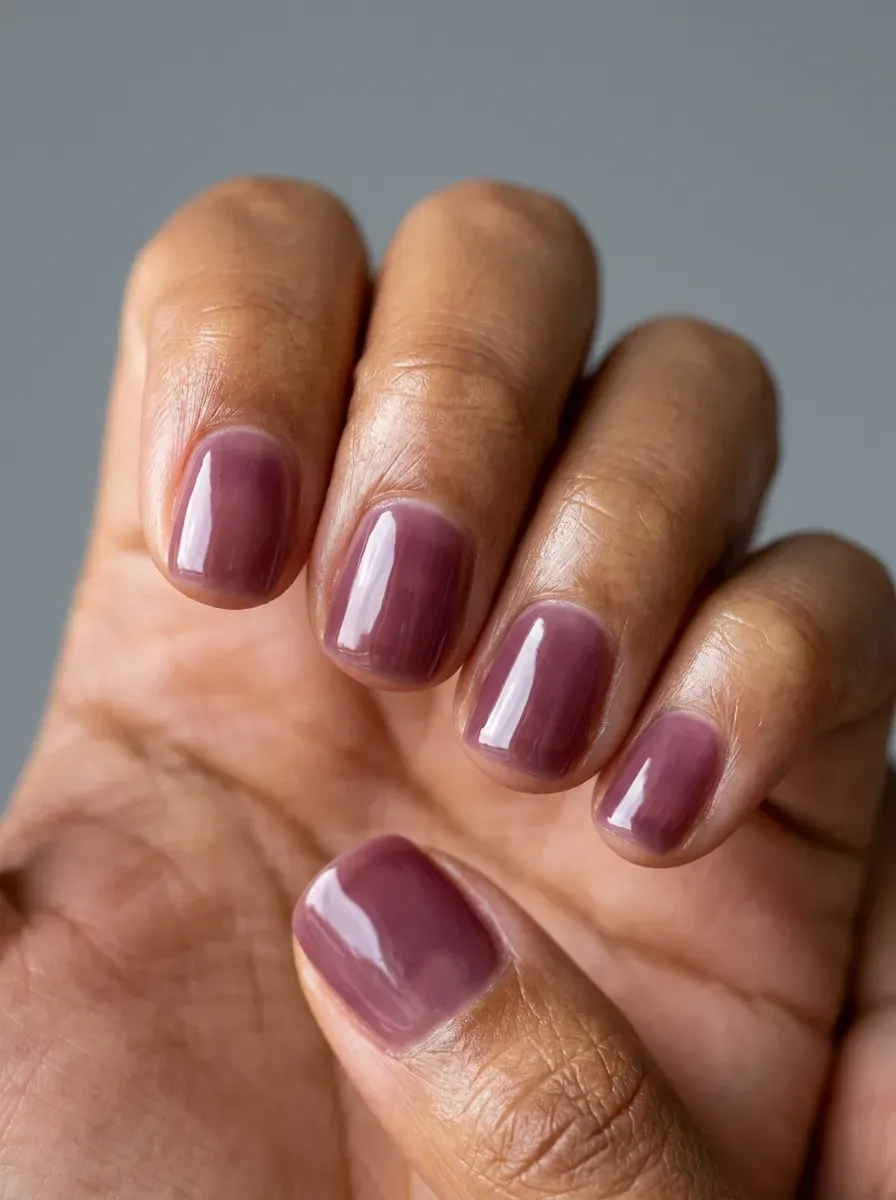 Short squoval gel nails with translucent muted plum jelly finish