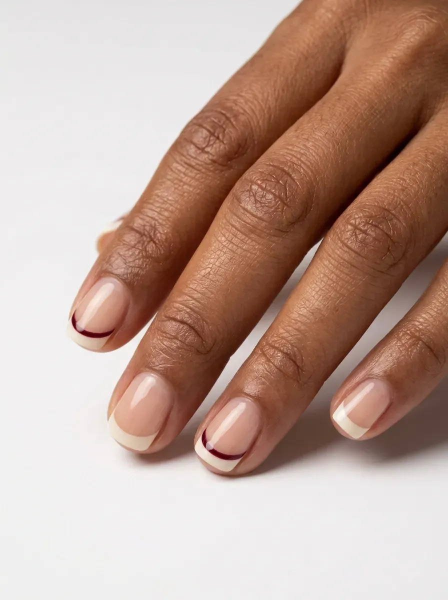 Short almond gel nails with nude French tips and fine burgundy lines