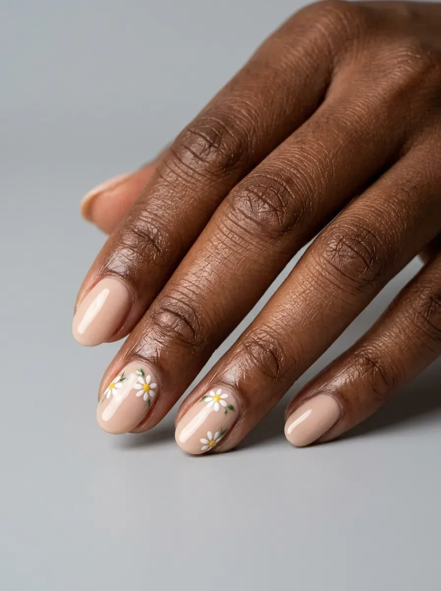 Short oval gel nails with neutral polish and tiny white floral accents