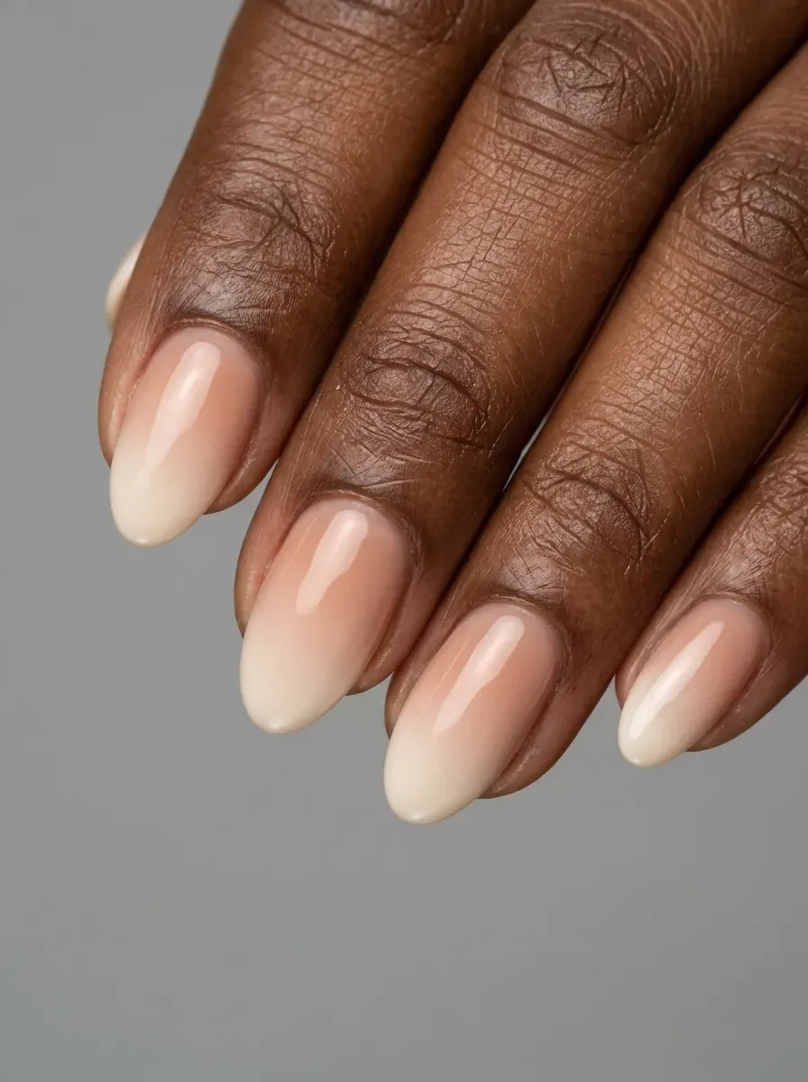Short almond gel nails fading from nude bases into creamy white tips