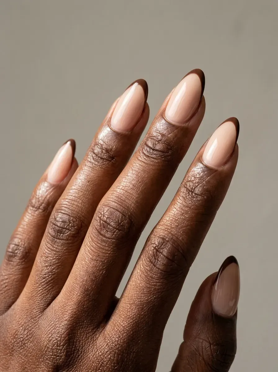 Medium almond gel nails with nude bases and thin brown French tips