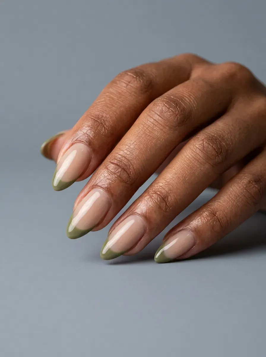 Olive green French tips on medium almond shaped nails