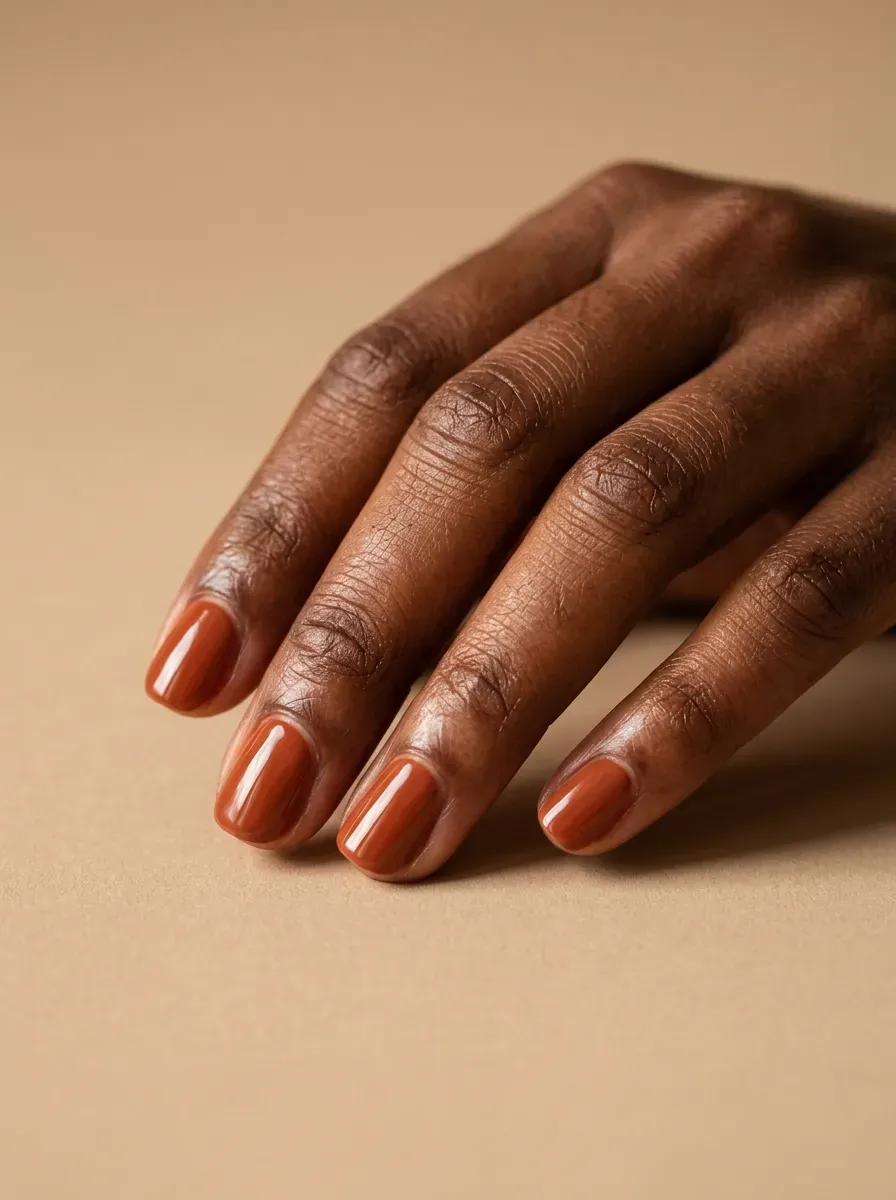 Dark oxblood red square nails with glossy autumn finish