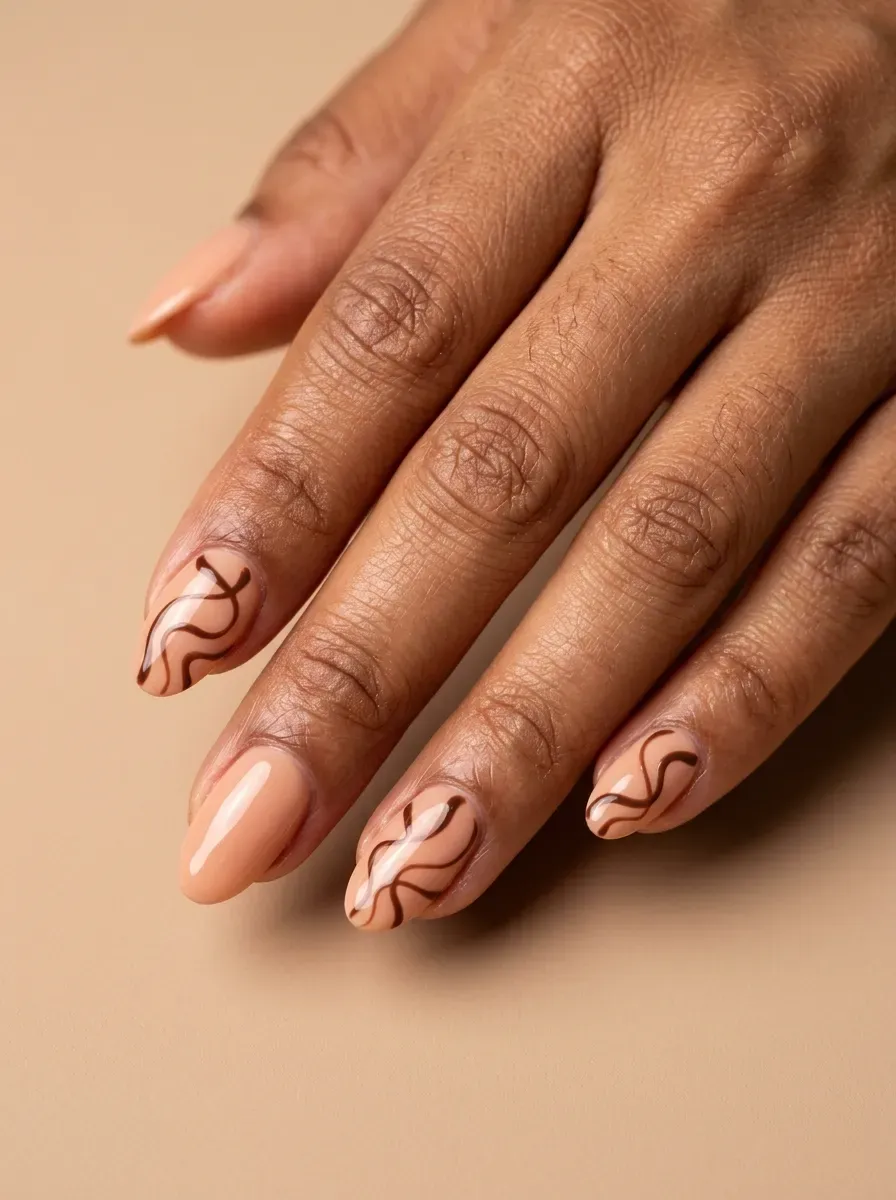 Medium oval gel nails with peach nude bases and brown abstract swirls