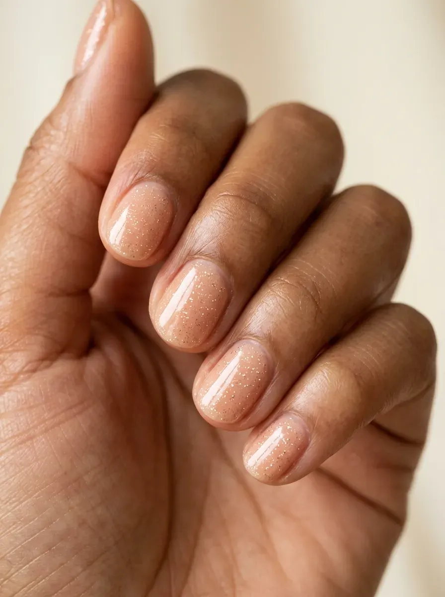 Short rounded gel nails with peachy nude polish and subtle fine glitter