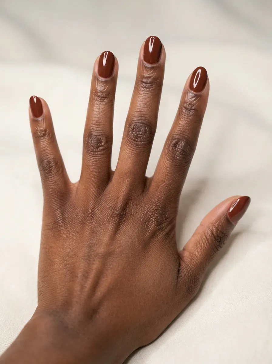 Warm pecan brown gel nail polish in close-up