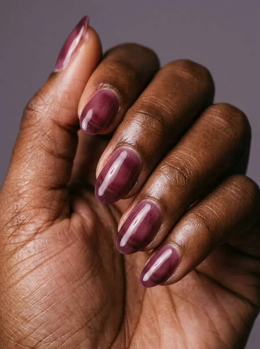 Translucent plum wine jelly nails with glossy finish on rich dark skin