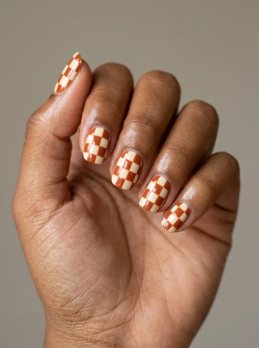 Rust orange and cream checkerboard nails with glossy finish