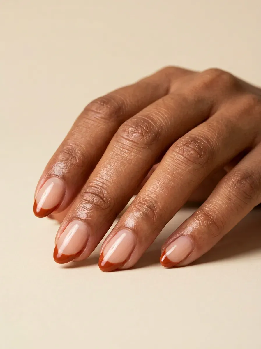 Rust orange French tip nails with sheer neutral base