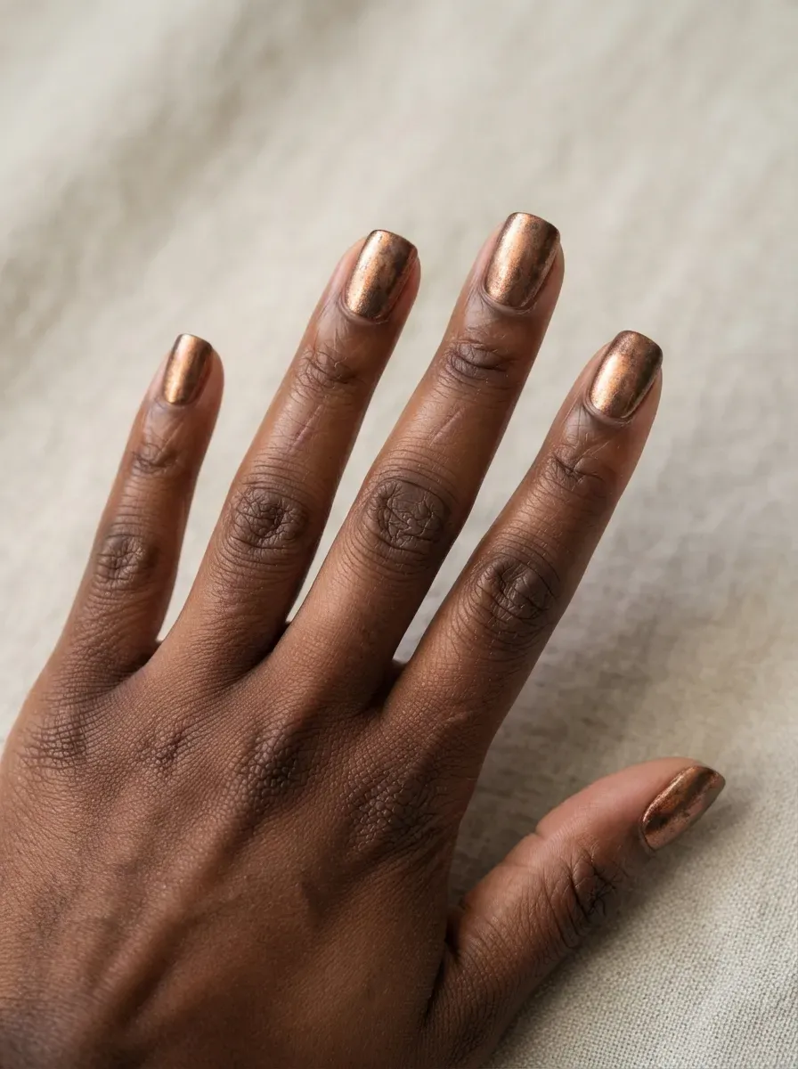 Aged copper chrome finish gel nail polish close-up
