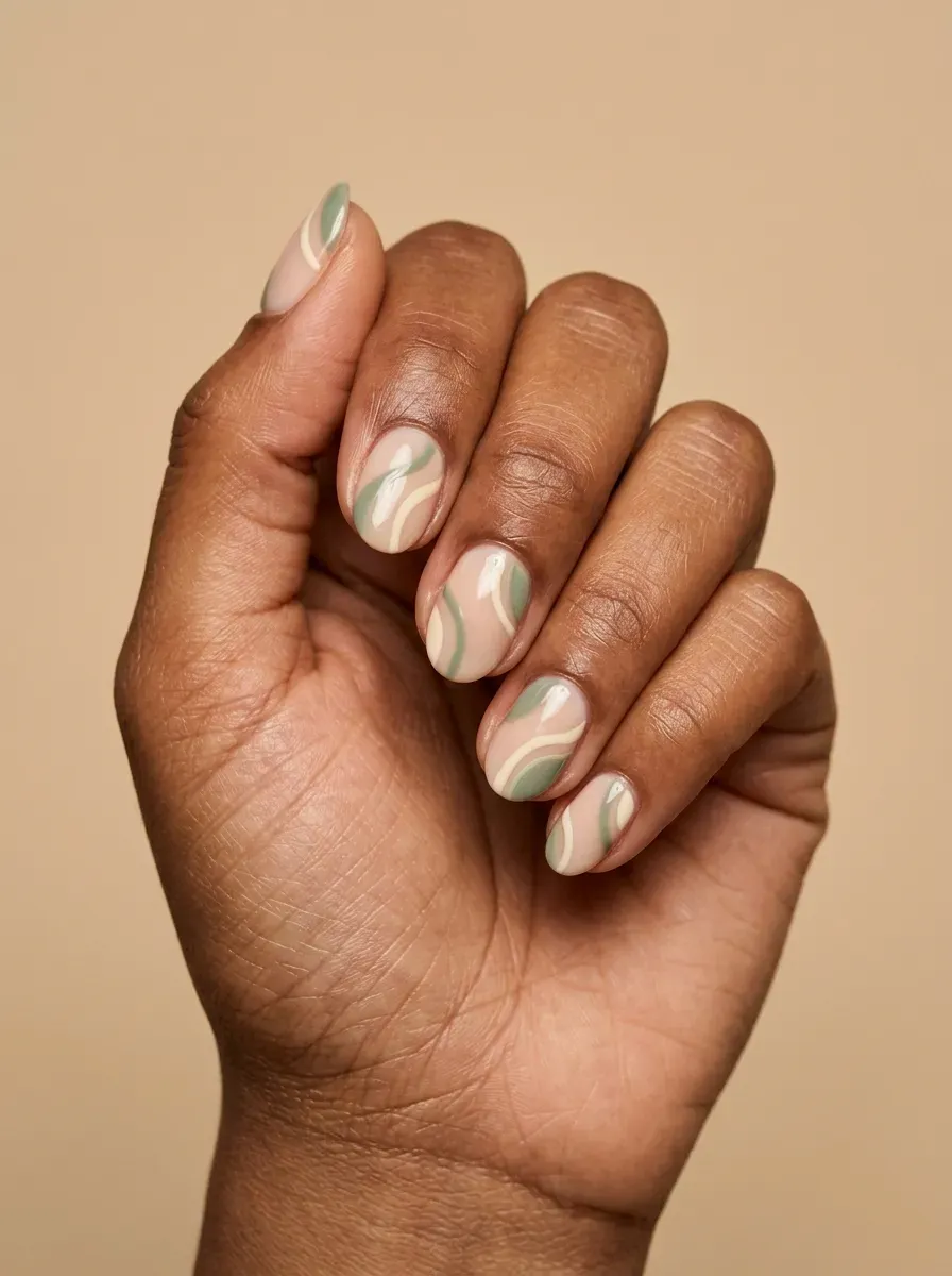 Short oval gel nails with sage green and cream abstract curved details