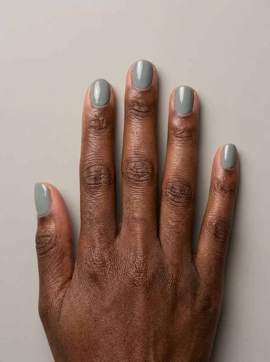 Muted sage gray nails with glossy finish on rich dark skin