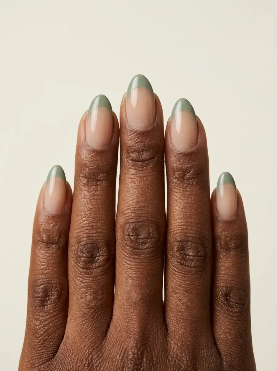 Short almond gel nails with muted sage green French tips
