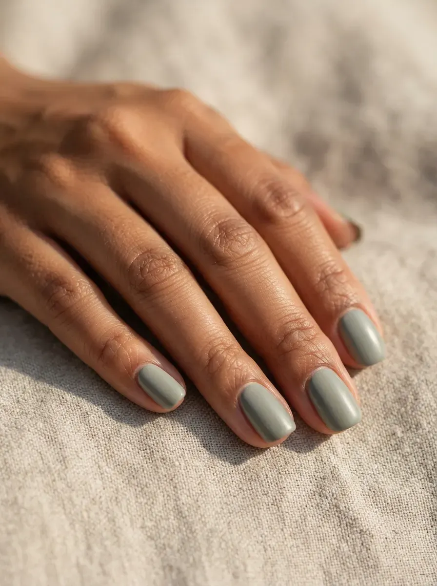 Muted sage green gel nail polish shown in close-up