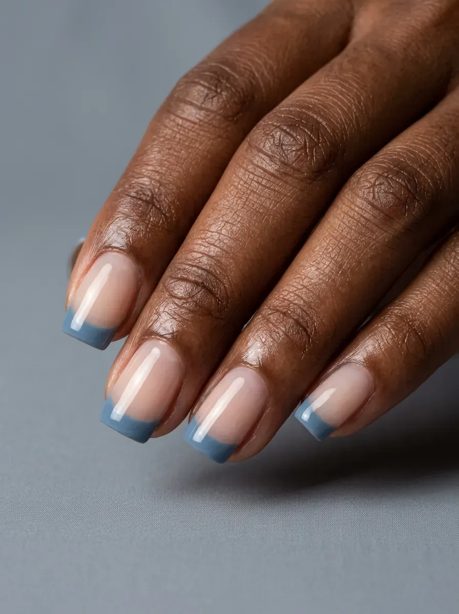 Short square gel nails with muted blue French tips over sheer bases