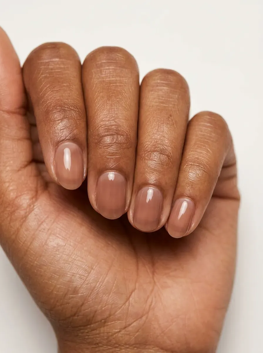 Sheer cocoa nude nails with glossy natural looking finish